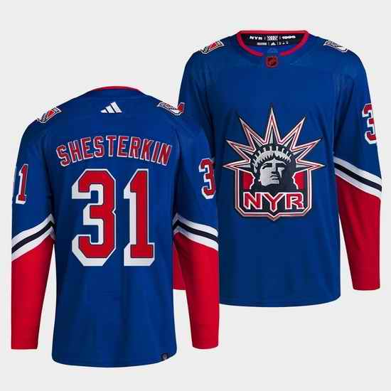 Men New York Rangers #31 Igor Shesterkin Blue 2022 Reverse Retro Stitched Jersey