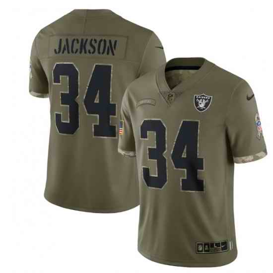 Men Las Vegas Raiders #34 Bo Jackson Olive 2022 Salute To Service Limited Stitched Jersey