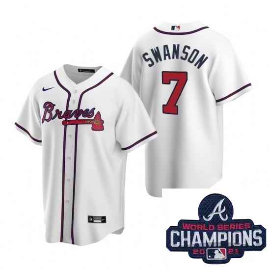 Men Nike Atlanta Braves #7 Dansby Swanson White Home Stitched Baseball Stitched MLB 2021 Champions Patch Jersey