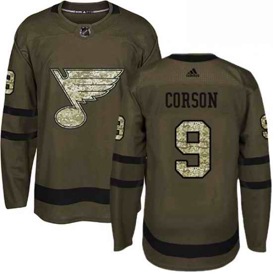 Mens Adidas St Louis Blues #9 Shayne Corson Authentic Green Salute to Service NHL Jersey