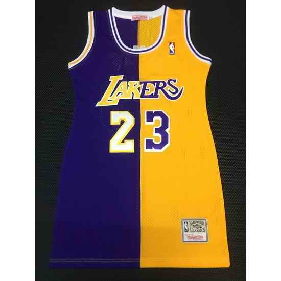 Women Los Angeles Lakers #23 Lebron James Dress Stitched Jersey Yellow Purple Split