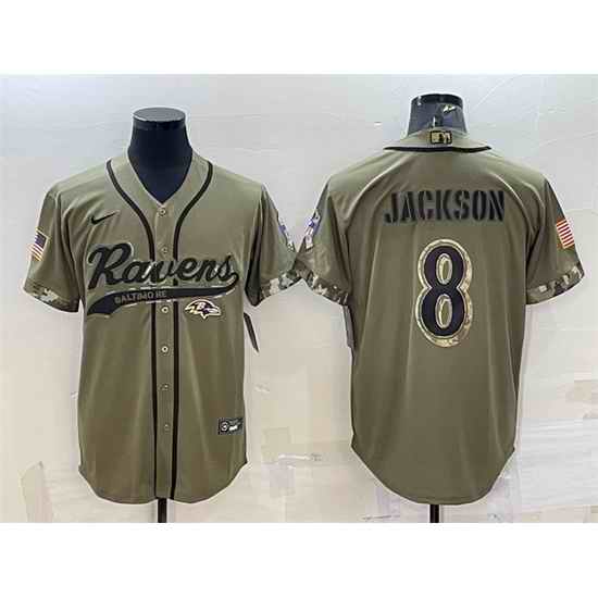 Men Baltimore Ravens #8 Lamar Jackson Olive 2022 Salute To Service Cool Base Stitched Baseball Jersey