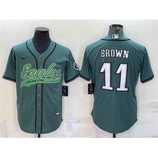 Men Philadelphia Eagles #11 A  J  Brown Green With Patch Cool Base Stitched Baseball Jersey