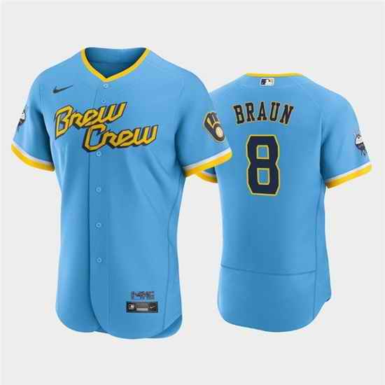 Men Milwaukee Brewers #8 Ryan Braun Powder Blue 2022 City Connect Flex Base Stitched MLB Jersey