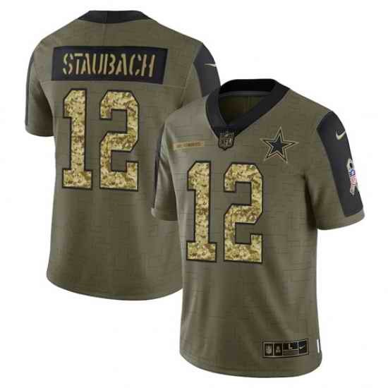 Men Dallas Cowboys #12 Roger Staubach 2021 Salute To Service Olive Camo Limited Stitched Jersey