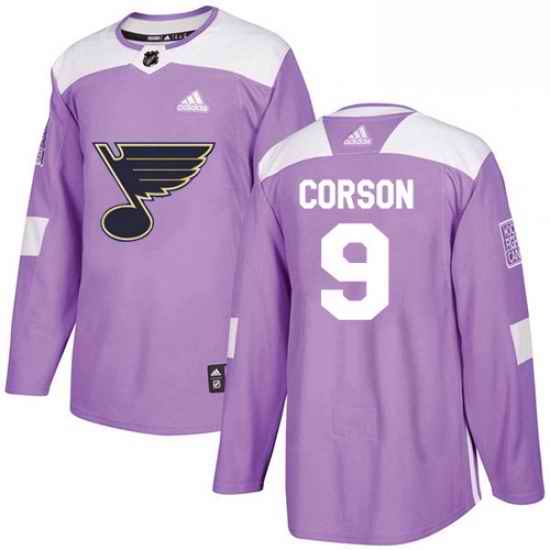 Mens Adidas St Louis Blues #9 Shayne Corson Authentic Purple Fights Cancer Practice NHL Jersey