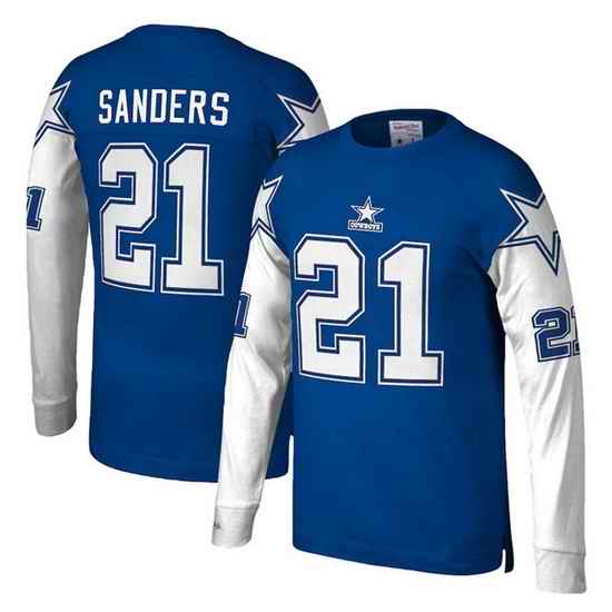 Men Dallas Cowboys #21 Deion Sanders Royal Mitchell  26 Ness Throwback Long Sleeve Stitched Jersey