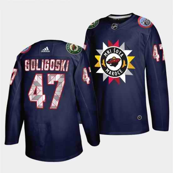 Men Minnesota Wild 47 Alex Goligoski 2021 #22 Navy Native American Heritage Day Stitched Jersey