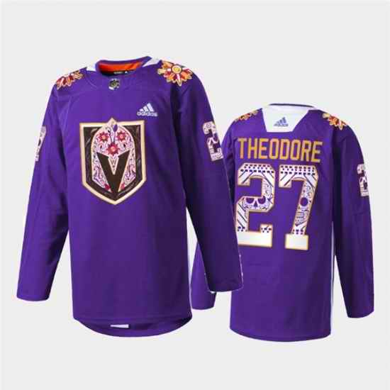 Men Vegas Golden Knights #27 Shea Theodore Purple Hispanic Heritage Warmup Stitched Jersey