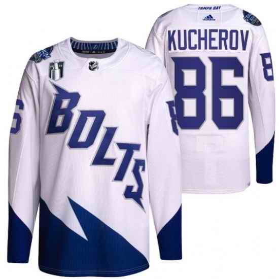 Men Tampa Bay Lightning #86 Nikita Kucherov 2022 White Stanley Cup Final Patch Stitched Jersey