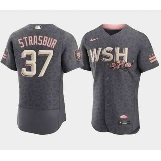 Men Washington Nationals #37 Stephen Strasburg 2022 Grey City Connect Cherry Blossom Flex Base Stitched MLB jersey