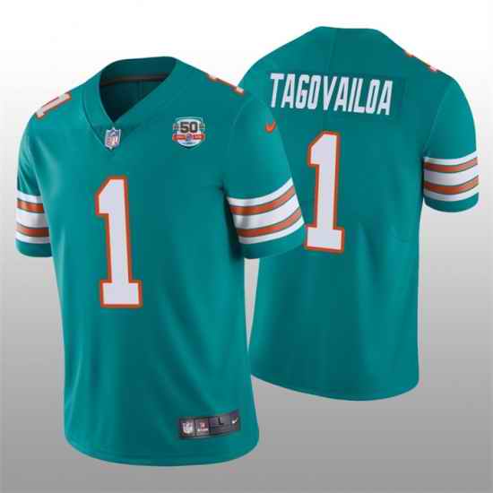 Men Miami Dolphins #1 Tua Tagovailoa 2022 Aqua With 50th Perfect Season Patch Limited Stitched JerseyS