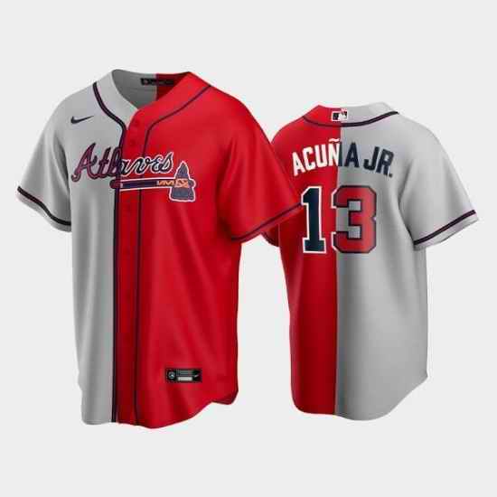 Men Atlanta Braves #13 Ronald Acuna Jr  Gray Red Split Cool Base Stitched Baseball Jersey