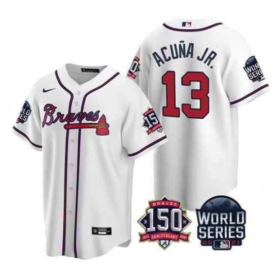 Men Atlanta Braves #13 Ronald Acuna Jr  2021 White World Series With 150th Anniversary Patch Cool Base Stitched Jersey