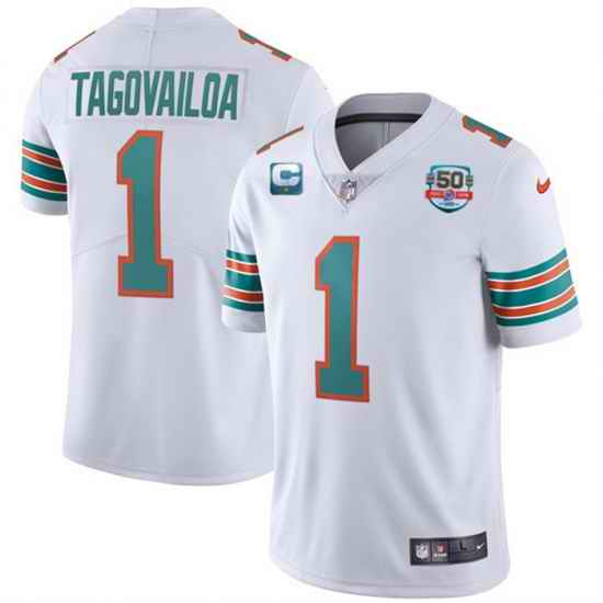 Men Miami Dolphins #1 Tua Tagovailoa 2022 Aqua With 50th Perfect Season C Patch Limited Stitched Jersey