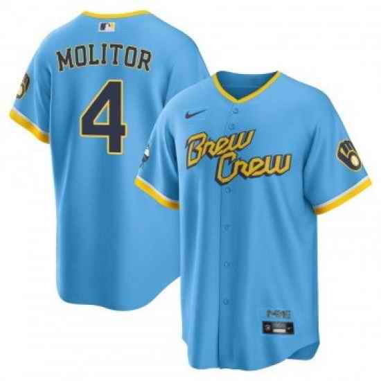 Men Milwaukee Brewers #4 Paul Molitor 2022 Powder Blue City Connect Cool Base Stitched Jersey