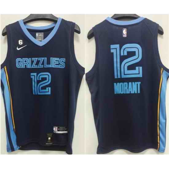 Men Memphis Grizzlies 12 Ja Morant Navy With NO #6 Patch Stitched Jersey