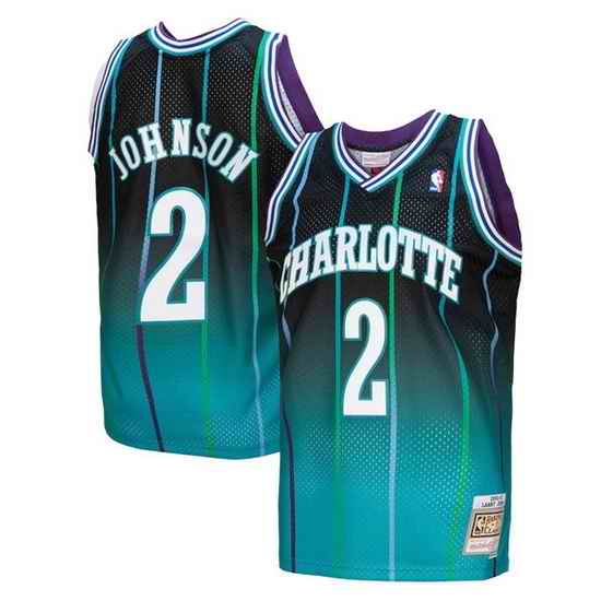 Men Charlotte Hornets #2 Larry Johnson Teal Black Throwback Stitched Jersey