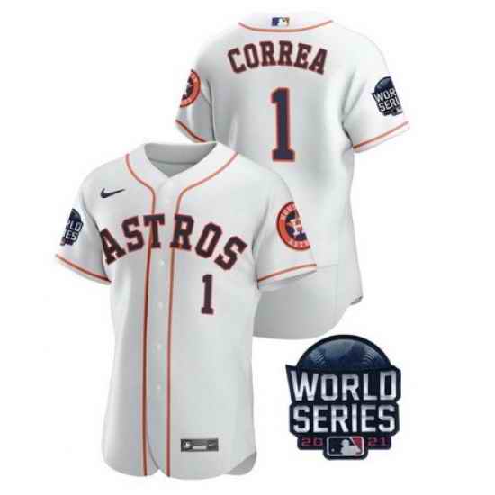 Men Houston Astros #1 Carlos Correa 2021 White World Series Flex Base Stitched Baseball Jersey