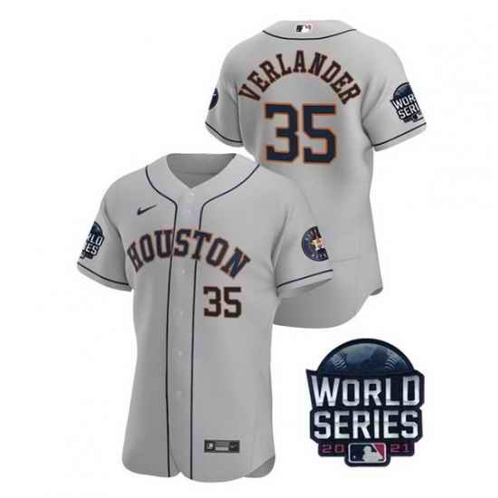 Men Houston Astros #35 Justin Verlander 2021 Grey World Series Flex Base Stitched Baseball Jersey