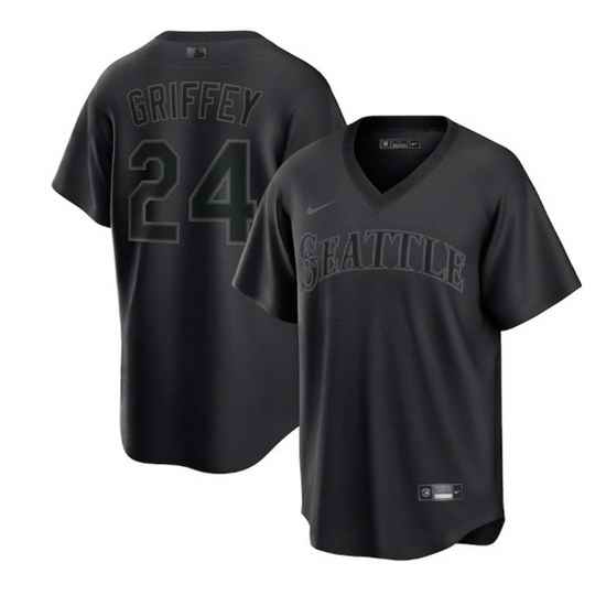 Men Seattle Mariners #24 Ken Griffey Jr  Black Pitch Black Fashion Replica Stitched Jersey