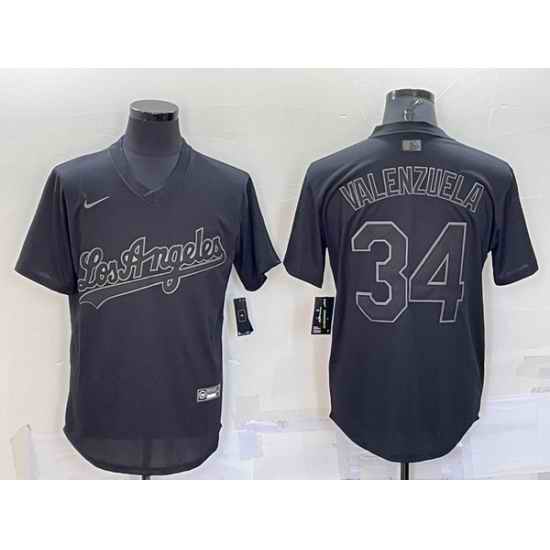 Men Los Angeles Dodgers #34 Fernando Valenzuela Black Pitch Black Fashion Replica Stitched Jersey