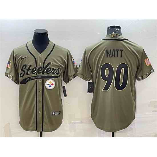 Men Pittsburgh Steelers #90 T J Watt Olive 2022 Salute To Service Cool Base Stitched Baseball Jersey