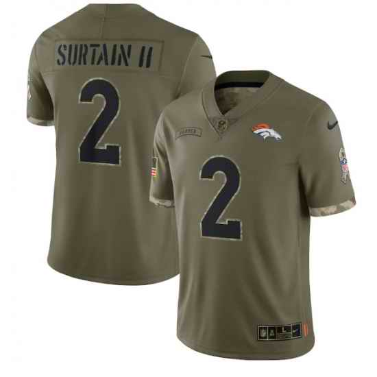 Men Denver Broncos #2 Pat Surtain II Olive 2022 Salute To Service Limited Stitched Jersey
