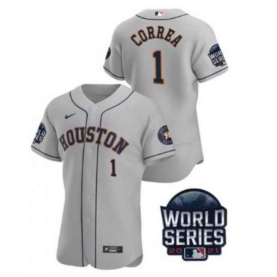 Men Houston Astros #1 Carlos Correa 2021 Grey World Series Flex Base Stitched Baseball Jersey