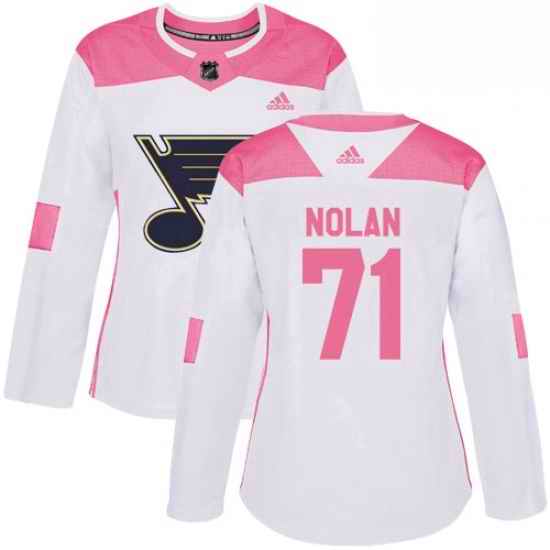 Womens Adidas St Louis Blues #71 Jordan Nolan Authentic White Pink Fashion NHL Jersey