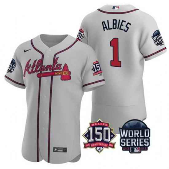 Men Atlanta Braves #1 Ozzie Albies 2021 Gray World Series With 150th Anniversary Patch Stitched Baseball Jersey