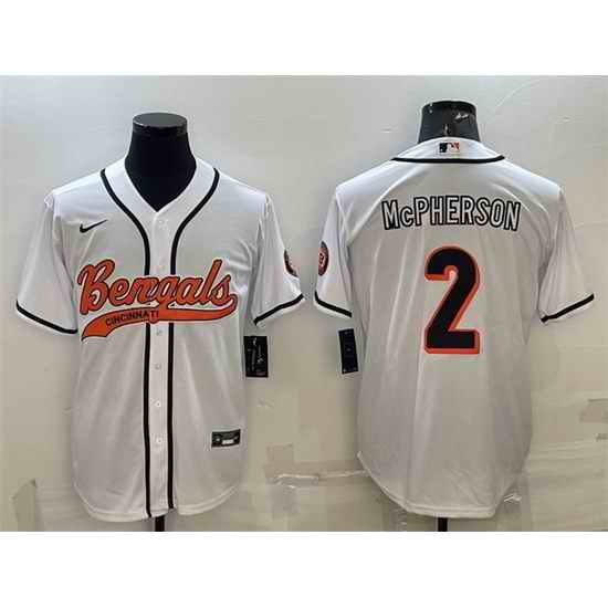 Men Cincinnati Bengals #2 Evan McPherson White With Patch Cool Base Stitched Baseball Jersey