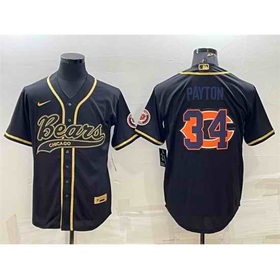 Men Chicago Bears #34 Walter Payton Black Gold Team Big Logo With Patch Cool Base Stitched Baseball Jersey