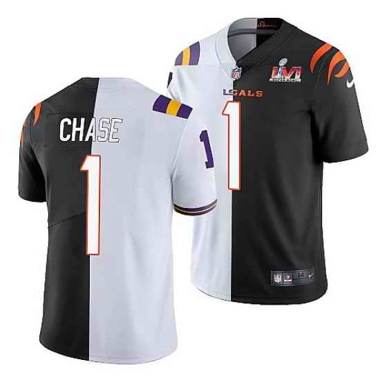 Men Cincinnati Bengals #1 Ja 27Marr Chase 2022 White Black Split Super Bowl LVI Stitched Jersey