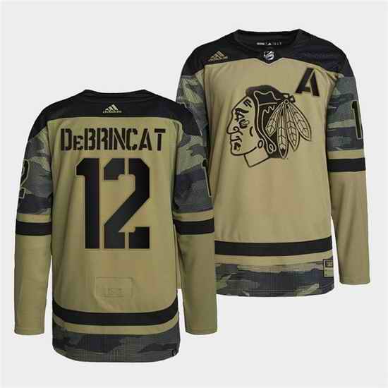 Men Chicago Blackhawks #12 Alex DeBrincat 2022 Camo Military Appreciation Night White Stitched jersey