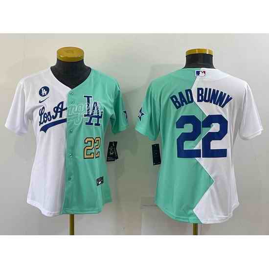 Women Los Angeles Dodgers #22 Bad Bunny 2022 All Star White Green Split Stitched Baseball Jersey 28Run Small 291