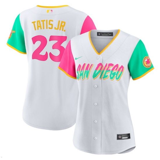 Women San Diego Padres #23 Fernando Tatis Jr  2022 White City Connect Cool Base Stitched Baseball Jersey