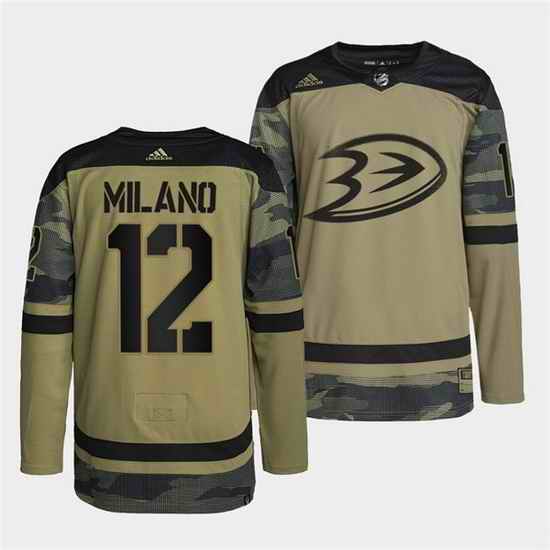 Men Anaheim Ducks #12 Sonny Milano 2022 Camo Military Appreciation Night Stitched jersey