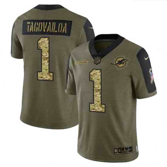 Men Miami Dolphins #1 Tua Tagovailoa 2021 Salute To Service Olive Camo Limited Stitched Jersey