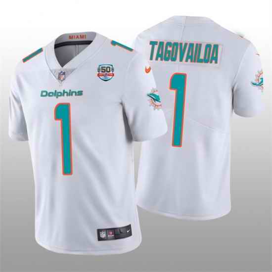 Men Miami Dolphins #1 Tua Tagovailoa 2022 White With With 50th Perfect Season Patch Limited Stitched Jersey