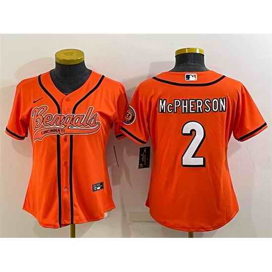 Women Cincinnati Bengals #2 Evan McPherson Orange With Patch Cool Base Stitched Baseball Jersey