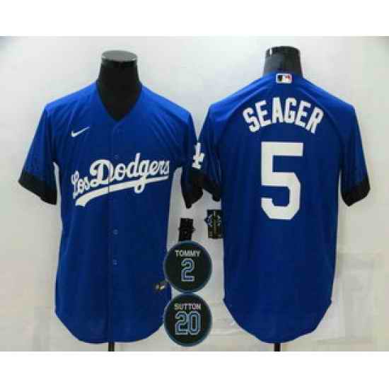 Men Los Angeles Dodgers 5 Corey Seager Blue #2 20 Patch City Connect Cool Base Stitched Jersey