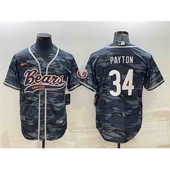 Men Chicago Bears Blank #34 Walter Payton Grey Camo With Patch Cool Base Stitched Baseball Jersey