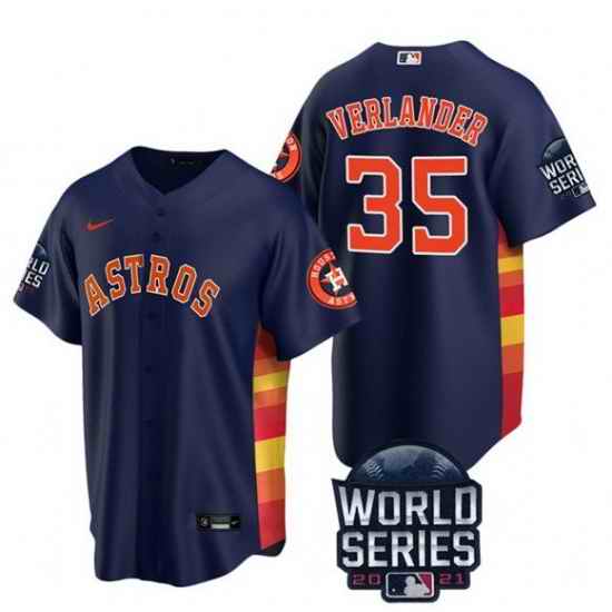 Men Houston Astros #35 Justin Verlander 2021 Navy World Series Cool Base Stitched Baseball Jersey