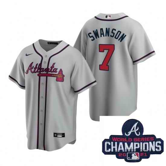 Men Nike Atlanta Braves #7 Dansby Swanson Gray Road Stitched Baseball Stitched MLB 2021 Champions Patch Jersey