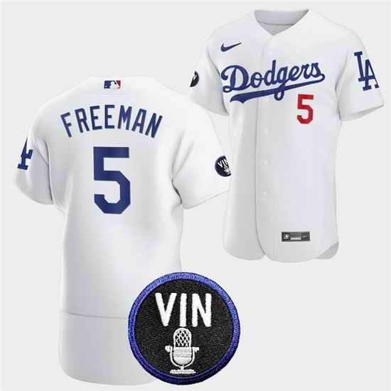Men Los Angeles Dodgers #5 Freddie Freeman 2022 White Vin Scully Patch Flex Base Stitched Baseball Jersey