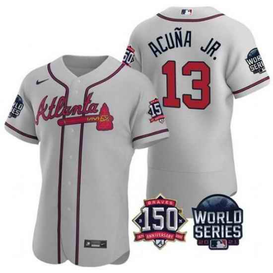 Men Atlanta Braves #13 Ronald Acuna Jr  2021 Grey World Series With 150th Anniversary Patch Stitched Baseball Jersey