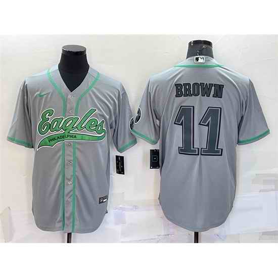 Men Philadelphia Eagles #11 A  J  Brown Grey With Patch Cool Base Stitched Baseb