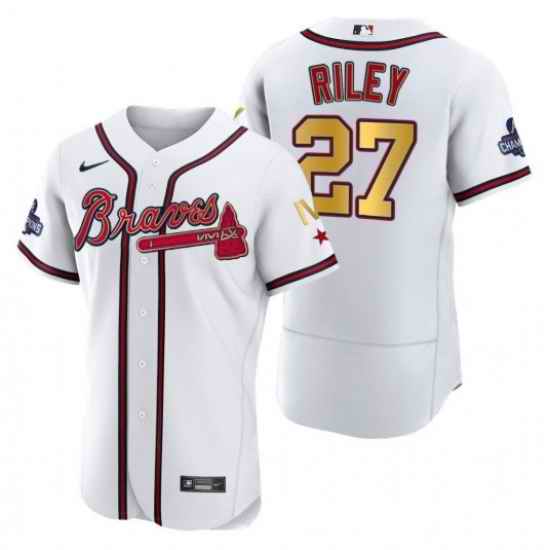 Men Atlanta Braves #27 Austin Riley White Gold World Series Champions Flex Base Stitched Jersey
