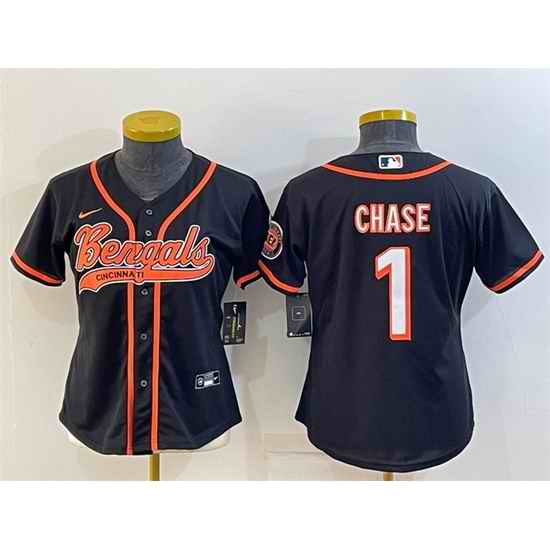 Women Cincinnati Bengals #1 Ja 27Marr Chase Black With Patch Cool Base Stitched Baseball Jersey